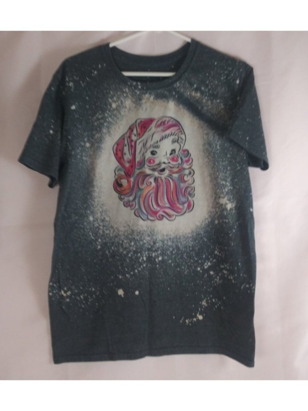 Women's Bleached Style T-Shirt Colorful Santa Claus Design Size Medium